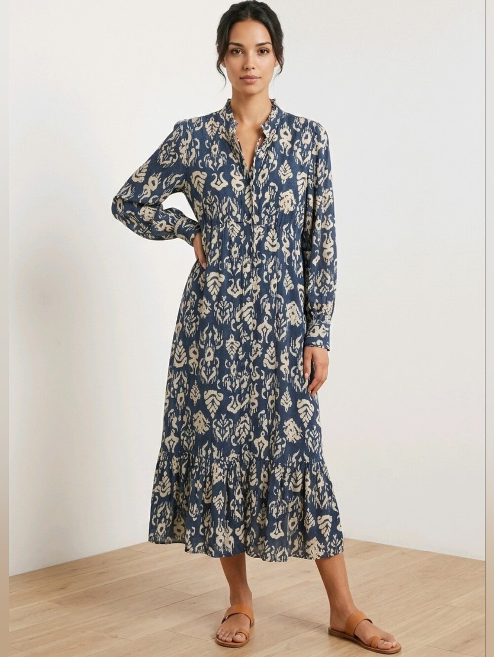 Sonmer Juana Navy and Cream Ikat Printed Long Sleeve Midi Dress Size XS